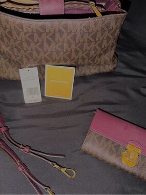 Michael Kors Portia Large Plum and Brown Logo Crossbody Bag with Wallet